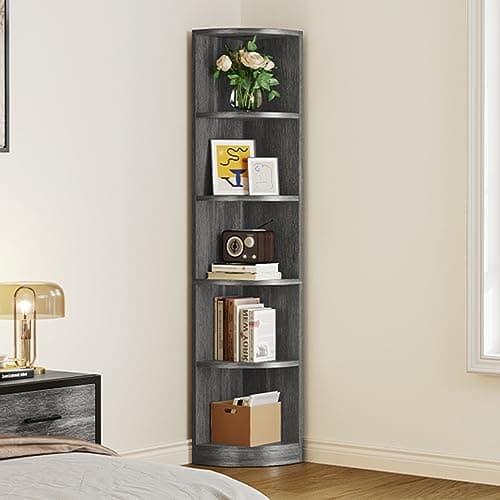 YITAHOME 70.8 5-Tier Corner Bookshelf - Modern Free Standing Wooden Storage Shelf for Bedroom, Living Room, Home Office (Charcoal Gray)