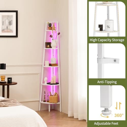 5-Tier Corner Shelf Stand with LED Light for Bedroom and Office