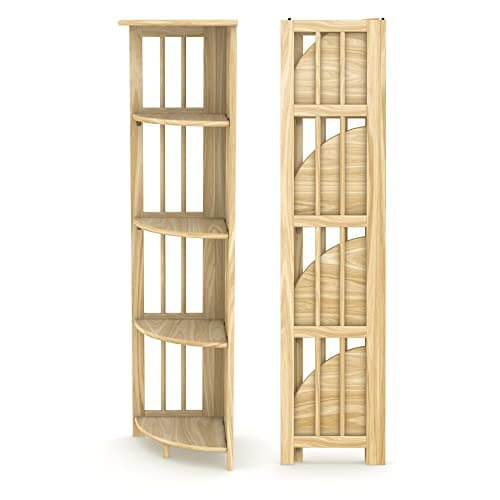 Folding Corner Bookshelf | Natural Wood Finish | 51x12.5x12.5 Inches | Book Shelf for Books and Trinkets | No Assembly Required | Foldable & Small for Home and Office