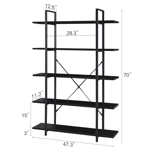 5 Tier Industrial Bookshelf for Bedroom, Living Room, Office - 70 Tall Rustic Storage Rack