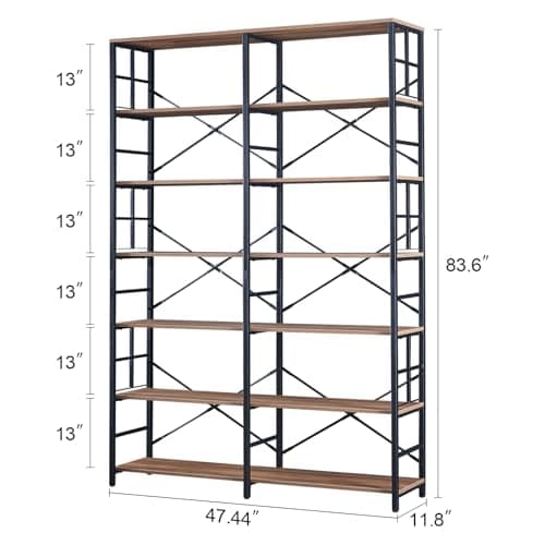 84 Tall Industrial Double Wide 7-Tier Bookshelf for Living Room or Home Office