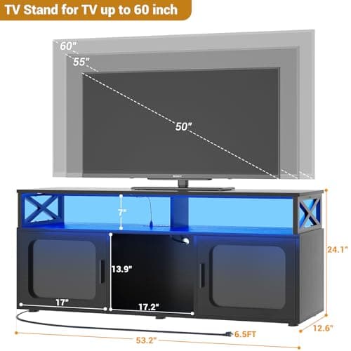 TV Stand for 55-60 Inch TV with LED Light, Charging Station, and Soundbar Shelf