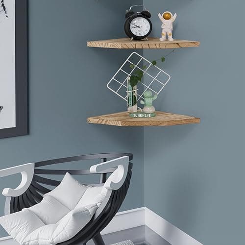 Rustic Wood Corner Wall Shelves Set, Carbonized Diamond 10 Inch Cable Ready