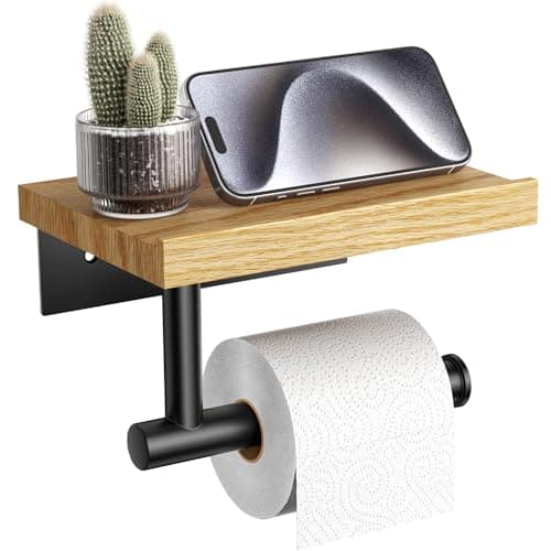 Wooden Wall Mounted Toilet Paper Holder with Shelf, Brushed Nickel Stainless Steel Bathroom Accessories
