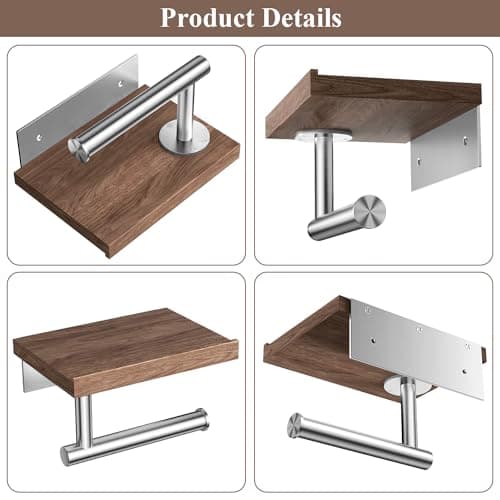 Wooden Wall Mounted Toilet Paper Holder with Shelf, Brushed Nickel Stainless Steel Bathroom Accessories