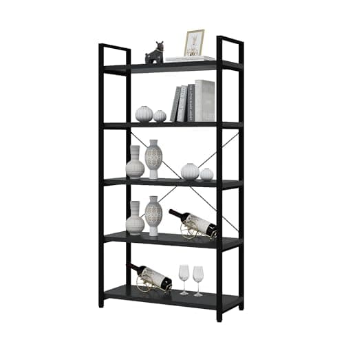 Modern Tall Bookshelf with Large Storage - 5 Tier Bookcase for Bedroom, Living Room, and Office - Black Shelf for Books and Plants.