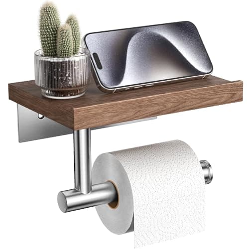 Wooden Wall Mounted Toilet Paper Holder with Shelf, Brushed Nickel Stainless Steel Bathroom Accessories