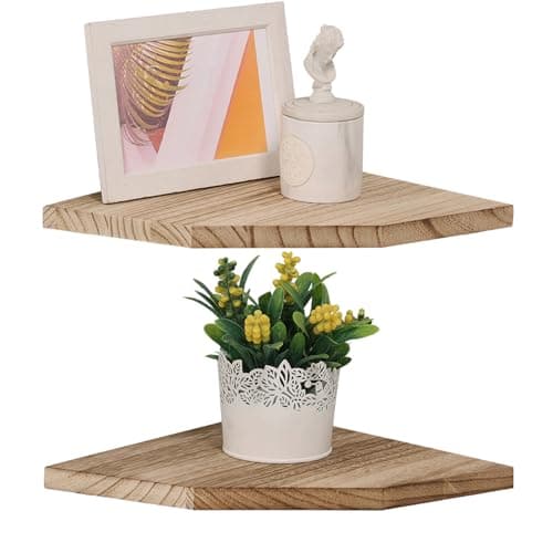 Rustic Wood Corner Wall Shelves Set, Carbonized Diamond 10 Inch Cable Ready