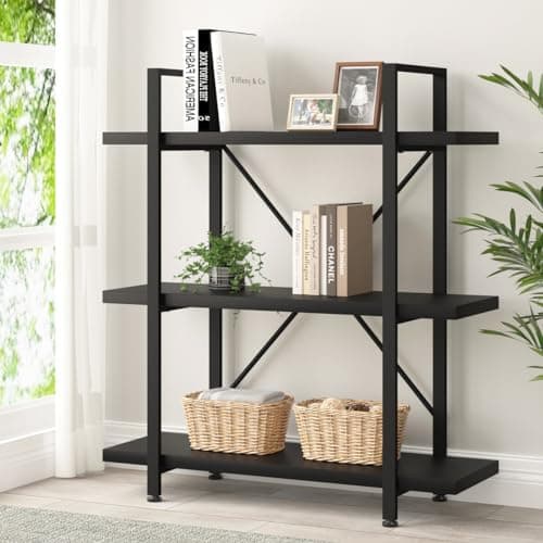 Modern 3 Tier Black Bookshelf - Industrial Metal Wooden Storage Shelf