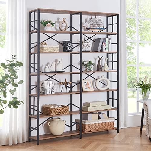 84 Tall Industrial Double Wide 7-Tier Bookshelf for Living Room or Home Office