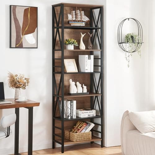 7-Tier Rustic Wood Metal Bookshelf for Home Office, Living Room and Bedroom