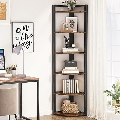 Rustic 6-Tier Corner Shelf for Home Office and Small Spaces