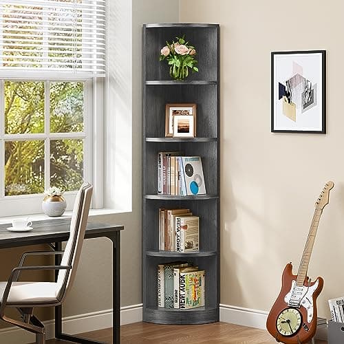 YITAHOME 70.8 5-Tier Corner Bookshelf - Modern Free Standing Wooden Storage Shelf for Bedroom, Living Room, Home Office (Charcoal Gray)