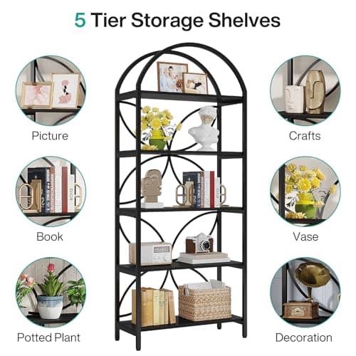 Tribesigns 5-Tier Industrial Bookshelf, Black Metal Frame Tall Bookcase