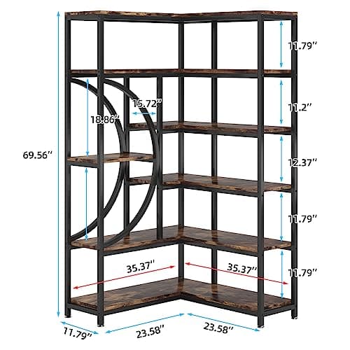 6-Tier Industrial Corner Bookshelf with Metal Frame, Rustic Brown