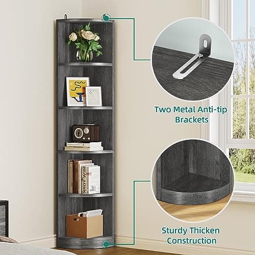 YITAHOME 70.8 5-Tier Corner Bookshelf - Modern Free Standing Wooden Storage Shelf for Bedroom, Living Room, Home Office (Charcoal Gray)