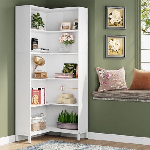 Corner Bookcase with 6-Tiers, Industrial Style Wooden Etagere Display Rack