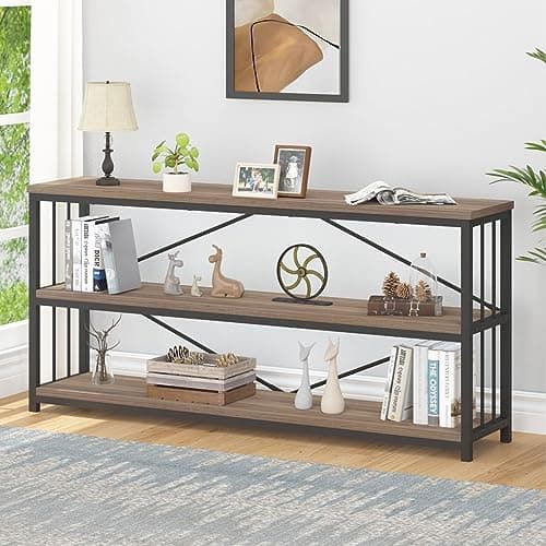 Rustic 3 Tier Bookshelf, Industrial Horizontal Wood Bookcase, Vintage Metal Etagere for Home Office Bedroom Living Room