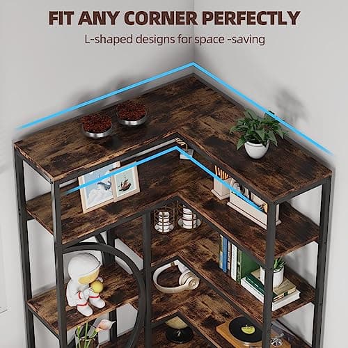 6-Tier Industrial Corner Bookshelf with Metal Frame, Rustic Brown