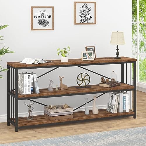 Rustic 3 Tier Bookshelf, Industrial Horizontal Wood Bookcase, Vintage Metal Etagere for Home Office Bedroom Living Room
