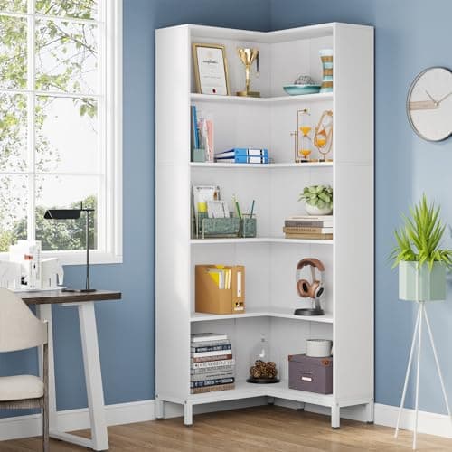 Corner Bookcase with 6-Tiers, Industrial Style Wooden Etagere Display Rack