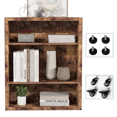 Industrial Style 3-Tier Bookshelf with Wheels and Adjustable Shelves