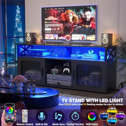 TV Stand for 55-60 Inch TV with LED Light, Charging Station, and Soundbar Shelf
