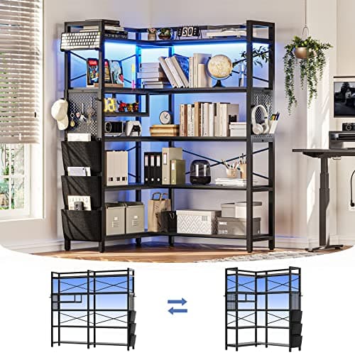 Itaar Corner Bookshelf with Pegboard & LED Light, Black 63" W