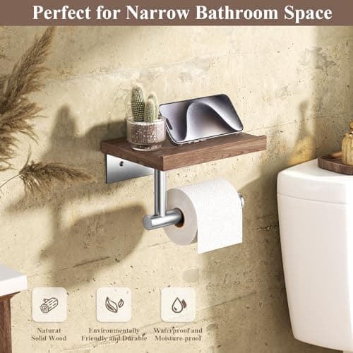 Wooden Wall Mounted Toilet Paper Holder with Shelf, Brushed Nickel Stainless Steel Bathroom Accessories