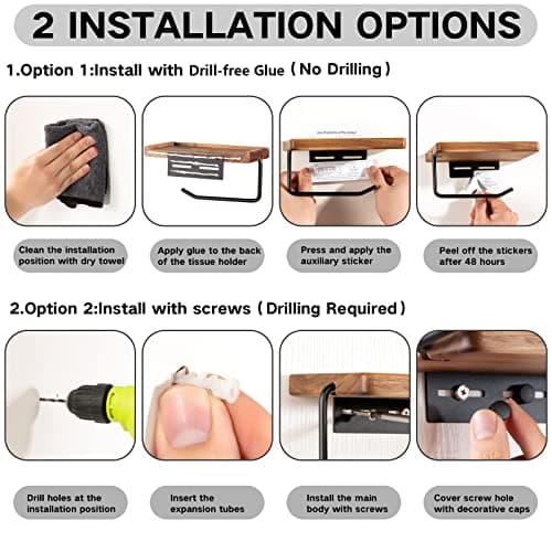 Black Toilet Paper Holder with Storage Shelf for Bathroom, Wall Mount with Adhesive & Screw