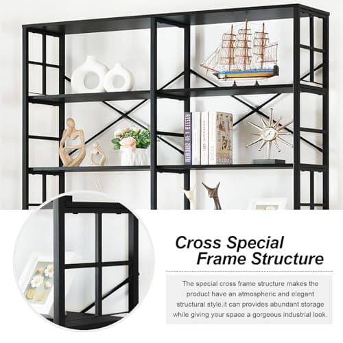 Wide 7-Tier Industrial Bookshelf with Metal Frame for Living Room and Office