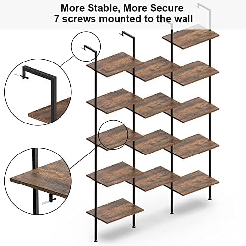 5-Tier Industrial Wooden and Metal Wall Mounted Bookshelf (Rustic Brown, Large)