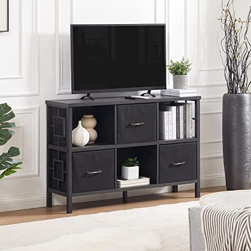 Industrial Cube Storage Organizer with Foldable Bins, Metal Frame Bookshelf for Living Room and Office, Grey