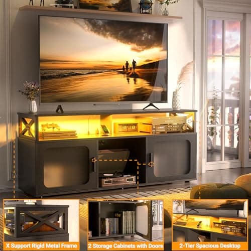 TV Stand for 55-60 Inch TV with LED Light, Charging Station, and Soundbar Shelf
