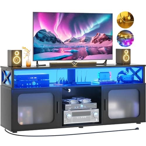 TV Stand for 55-60 Inch TV with LED Light, Charging Station, and Soundbar Shelf