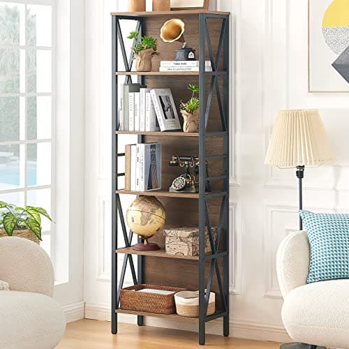 Tall 6-Tier Rustic Wood Metal Bookshelf for Home Office, Living Room, Bedroom