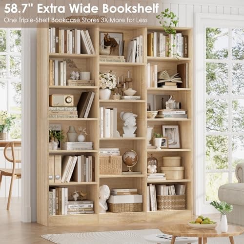 Triple Wide 74'' Tall Bookcase with 17 Shelves, Light Oak, Living Room, Home Office, Library