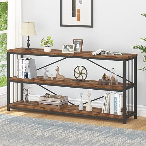 Rustic 3 Tier Bookshelf, Industrial Horizontal Wood Bookcase, Vintage Metal Etagere for Home Office Bedroom Living Room