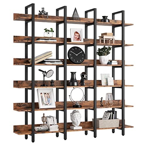 IRONCK Triple Wide 6 Tiers Bookcase, Vintage Brown, Home Office Decor