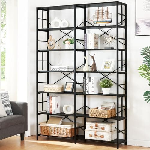 84 Tall Industrial Double Wide 7-Tier Bookshelf for Living Room or Home Office
