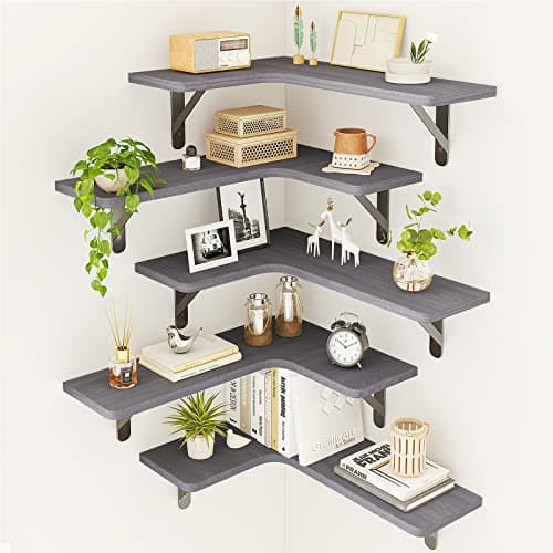 Fixwal Weathered Gray Corner Floating Shelves Set of 5 for Bathroom, Kitchen, and More