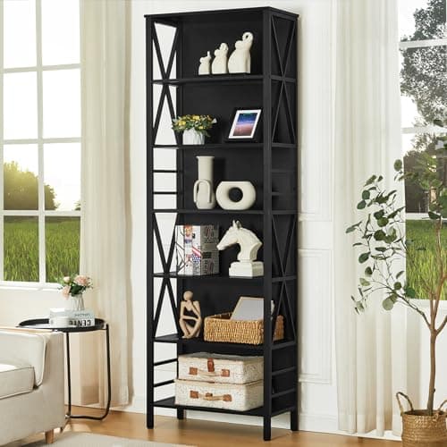 Tall 6-Tier Rustic Wood Metal Bookshelf for Home Office, Living Room, Bedroom