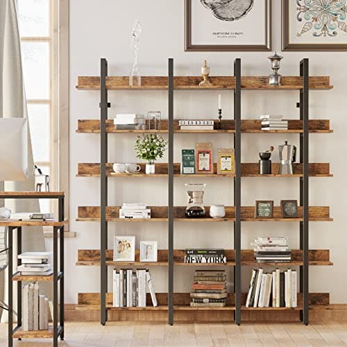 IRONCK Triple Wide 6 Tiers Bookcase, Vintage Brown, Home Office Decor