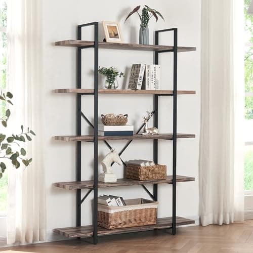 5-Tier Industrial Bookshelf for Home or Office, 70 Tall Rustic Storage Rack