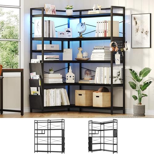 Itaar Corner Bookshelf with Pegboard & LED Light, Black 63" W