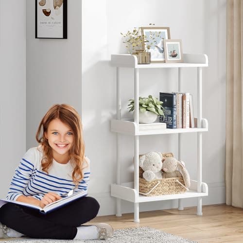 Small 3-Tier Wood Bookcase with Metal Edge Protection - White Industrial Bookshelf for Living Room Bedroom Home Office