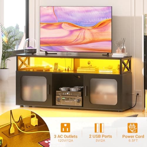 TV Stand for 55-60 Inch TV with LED Light, Charging Station, and Soundbar Shelf