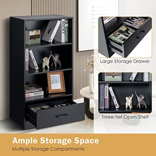 Tangkula 3 Tier Bookcase with Drawer, Modern Display Storage Organizer
