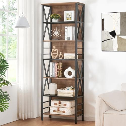 Tall 6-Tier Rustic Wood Metal Bookshelf for Home Office, Living Room, Bedroom