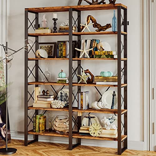 IRONCK Industrial Style Double Wide 6-Tier Wood and Metal Bookshelf, 76" Tall Home Office Bookcase, Easy Assembly